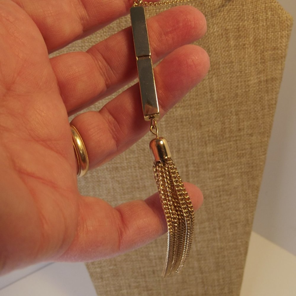 Gold Tone Bar & Tassel Necklace by Opia